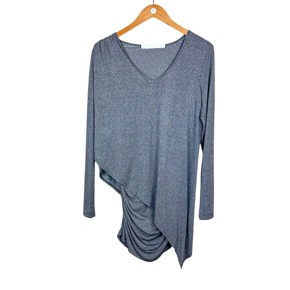 Lola & Sophie Gray Thin Knit Silver Metallic Long Sleeve Asymmetrical Fitted Top - Picture 4 of 12